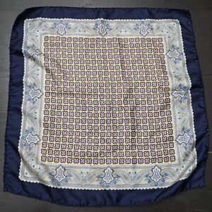 Vintage Blue, Yellow & Brown Geometric Floral Satin Pocket Square 19"x19" EUC